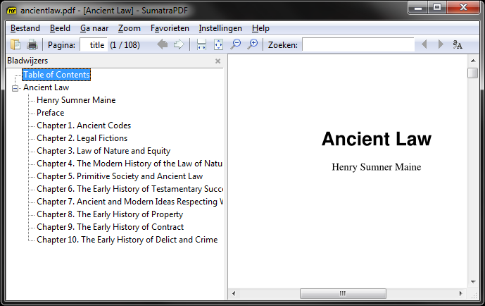 Screenshot van Sumatra PDF (geopend bestand: Ancient Law door Henry Sumner Maine)