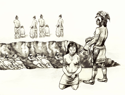 An 18″ x 24″ graphite drawing showing the ritual sacrifice by strangulation of 53 of young women (aged 15 to 25) at the Mound 72 burial of an important personage, now referred to as the “Birdman” because of the falcon shaped arrangement of beads around his body. Mound 72 is a ridgetop mound at the Cahokia Mounds Site, a large Mississippian culture mound center located in present day Madison County, Illinois.