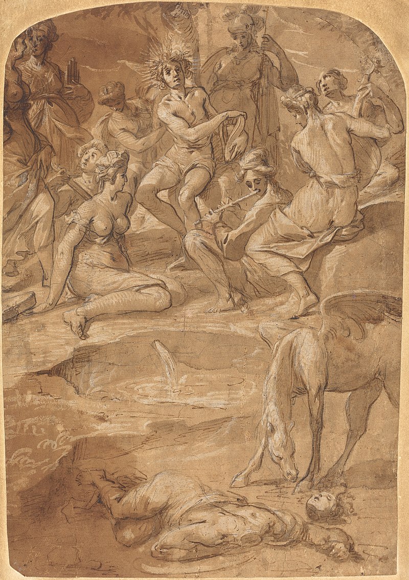 Apollo en de Muzen op de berg Parnassus. Door Johann Christoph Storer (ca. 1650). Via Wikipedia.