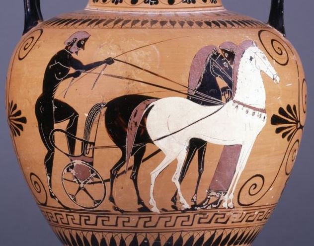 Plato’s allegorie van de wagenmenner (ware Zelf) die twee paarden aanstuurt; ze willen niet dezelfde richting uit…