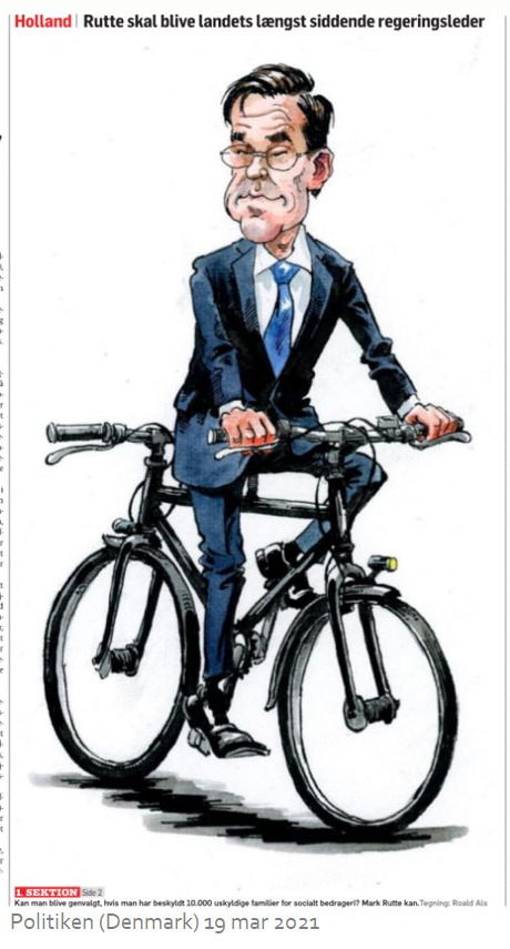 Mark Rutte volgens een Deense cartoon. Hij kan voor- en achteruit fietsen, net hoe het uitkomt.