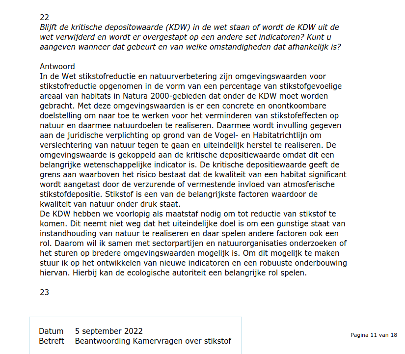 KDW en NPLG; uit de beantwoording kamervragen Omtzigt en Van der Plas over stikstof van 5 september 2022.