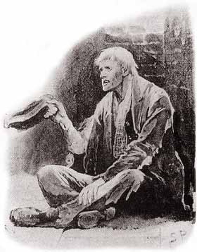 Ilustration of “The Man with the Twisted Lip”, which appeared in The Strand Magazine in December, 1891. Original caption was “HE IS A PROFESSIONAL BEGGAR.” By Sidney Paget (1860–1908).
