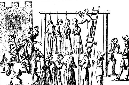 Heksen die opgehangen worden. Ralph Gardiner, 1655 (van Wikipedia).