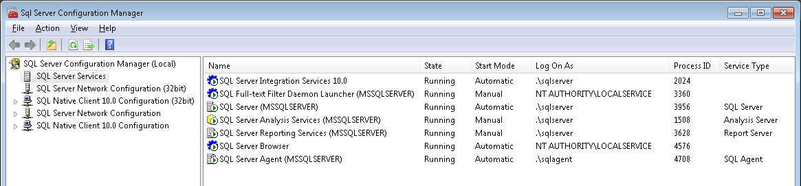 Screenshot of SQL services running