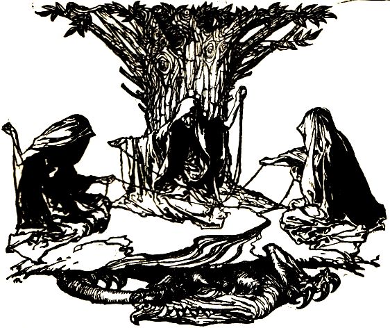 De Nornen weven het lot. Door Arthur Rackham (1912).