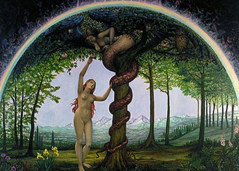 Lilith is slang in de appelboom. Ze verleid Eva om van de heilige vrucht te eten. (Ik weet niet wie de kunstenaar is.)
