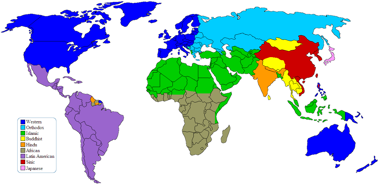 World map of civilizations, based on Huntington.