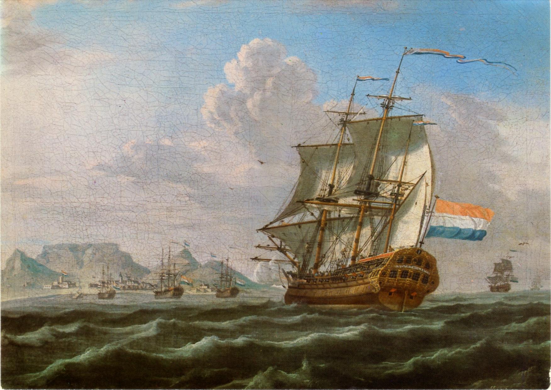 Goeie ouwe tijd. Het VOC schip “Noord-Nieuwland” voor de Tafelberg. Anonieme schilder, ca. 1762. Bron: Wikipedia.