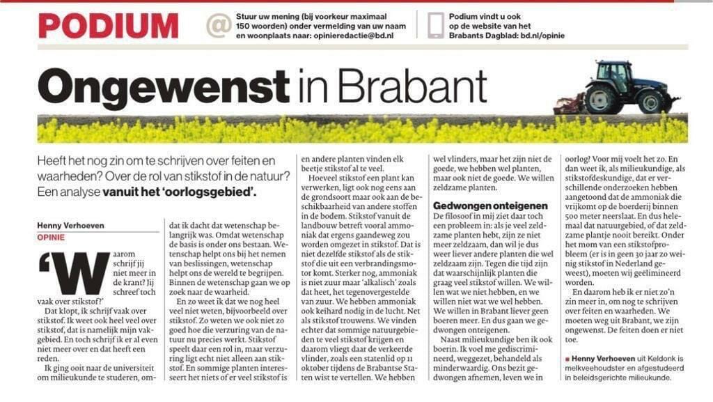 Henny Verhoeven: Ongewenst in Brabant. Ingezonden brief, Brabants Dagblad, 28 okt. 2019.