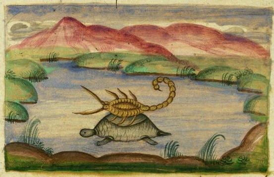 A 19th-century illustration of “The Scorpion and the Turtle”, from the Anvaar Soheili, a Persian collection of fables.