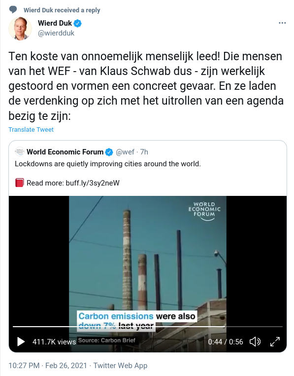 Wierd Duk reacting on a tweet by the WEF. The tweet of the WEF was later removed, and Wierd Duk was blocked.